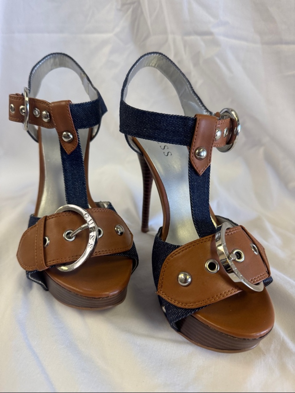 Guess Navy Denim and Brown Leather High Heel Platform Sandals